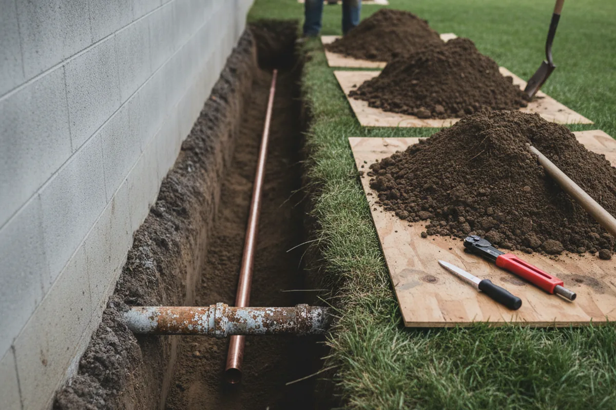 Excavated water line trench during Water Softener Installation in Hammett